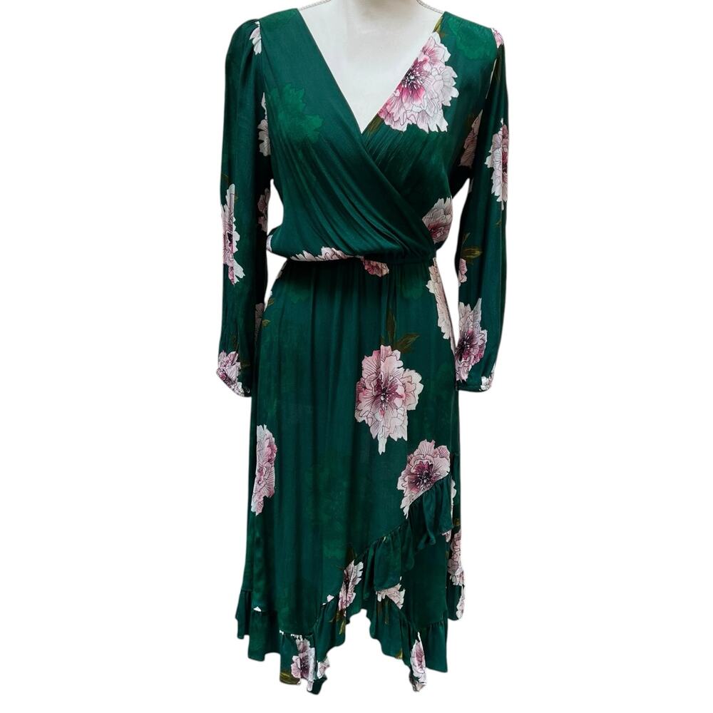 Plenty by Tracy Reese Green Floral Faux Wrap Midi Dress Long Sleeve Size S